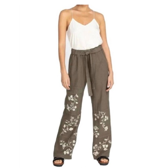 Johnny Was Pants - JOHNNY WAS lael Floral Embroidered Linen Wide Leg Pants Boho Summer County Club